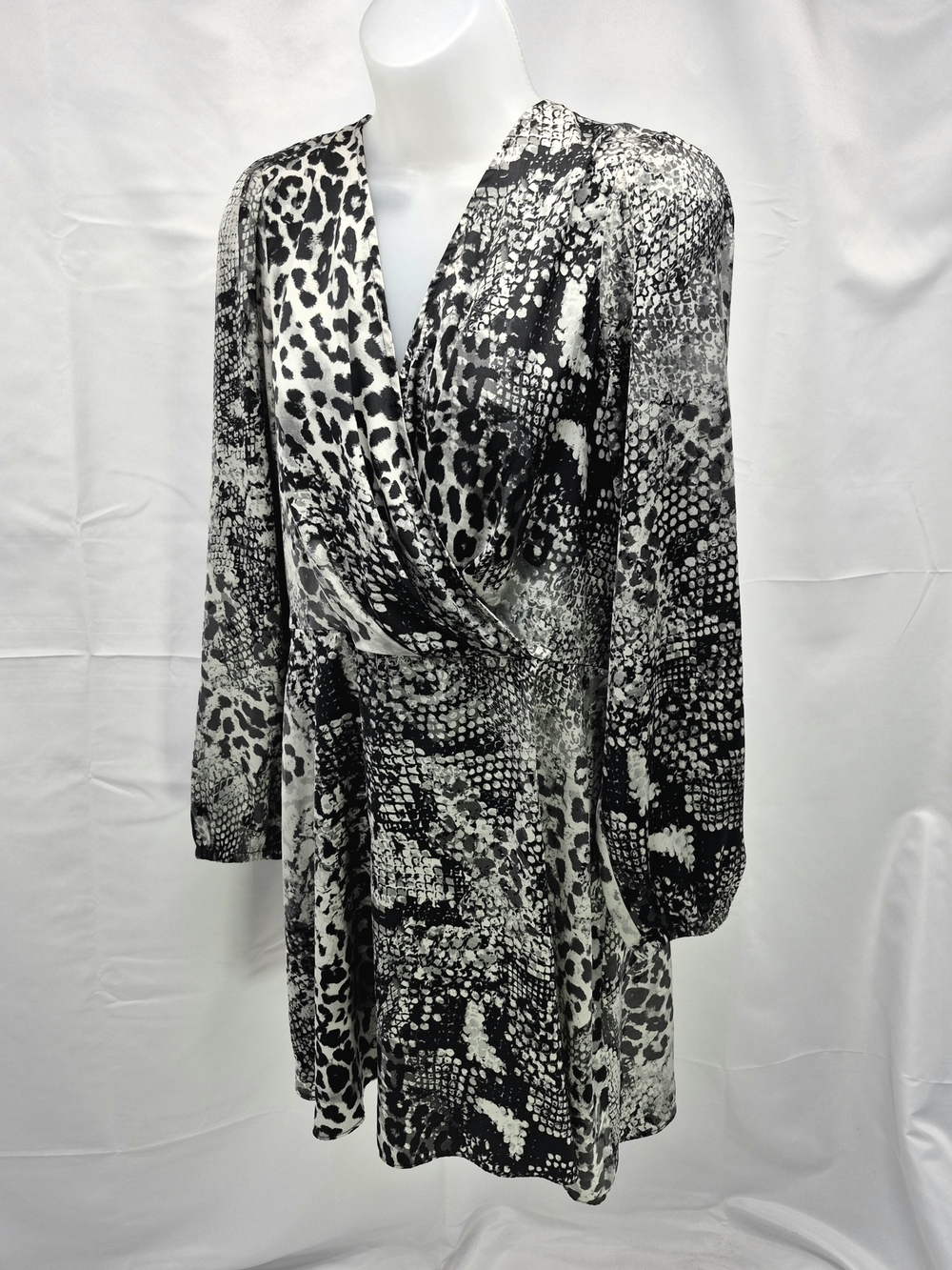 NWOT Express Mixed Animal Print Long Sleeve Faux Wrap Mini Dress - Large Sheer